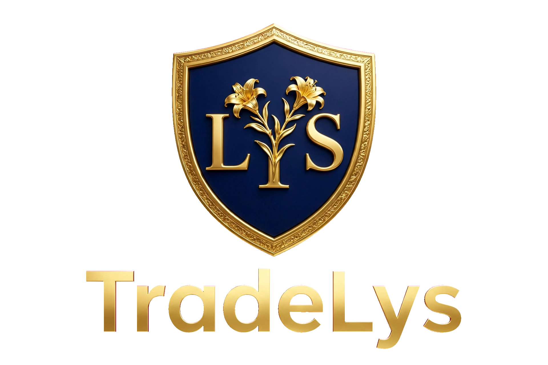Logo TRADELYS : écu bleu marine à liseré d'or contenant deux lys dorés et les lettres L et S, surmontant le nom TradeLys